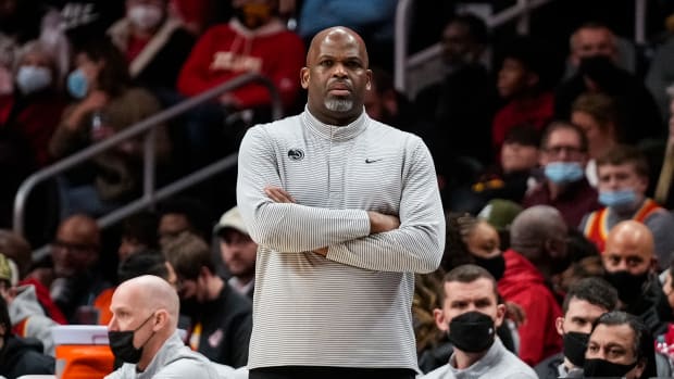 Jan 26, 2022; Atlanta, Georgia, USA; Atlanta Hawks head coach Nate McMillan on the sidelines during the game against the Sacramento Kings during the first half at State Farm Arena.